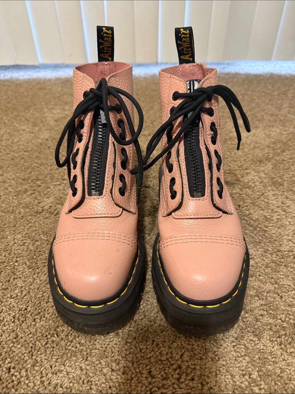 Dr. Martens Pink Leather Platform Combat Boots with Front Zipper